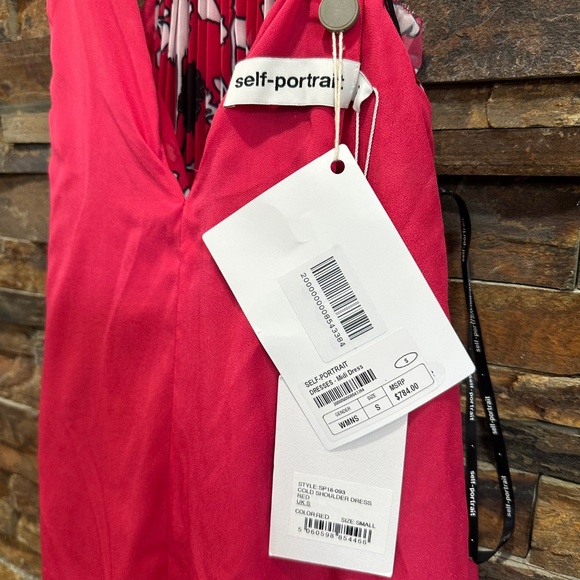 Self-Portrait Floral Chiffon Maxi Dress Red Cold Shoulder Pleated Hi-Low Size SM - Picture 15 of 16